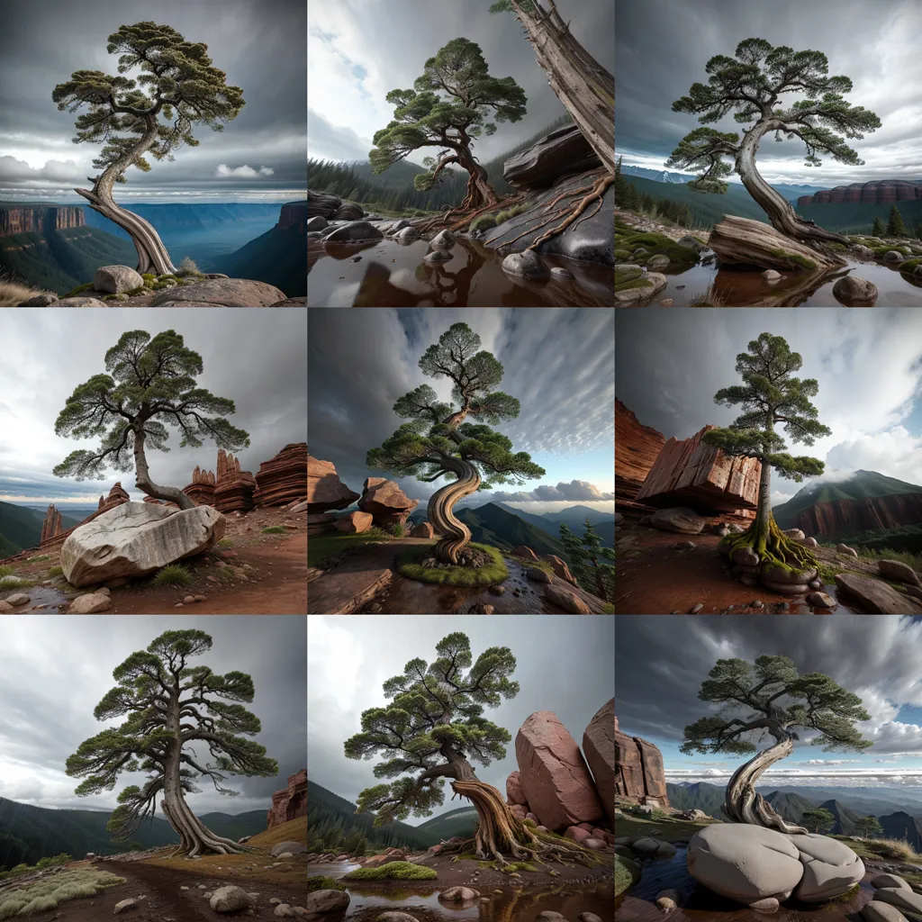 The image shows a tree growing on a rock. The tree is old and gnarled, with a thick trunk and twisted branches. The leaves are green and lush. The rock is large and gray, with a rough surface. The tree is growing in a harsh environment, but it is still thriving. The image is taken from a low angle, which makes the tree look even more impressive. The background is a mountain landscape, with a river running through it. The sky is cloudy, and there is a storm brewing. The image is both beautiful and thought-provoking. It reminds us that even in the harshest of conditions, life can still find a way to thrive.