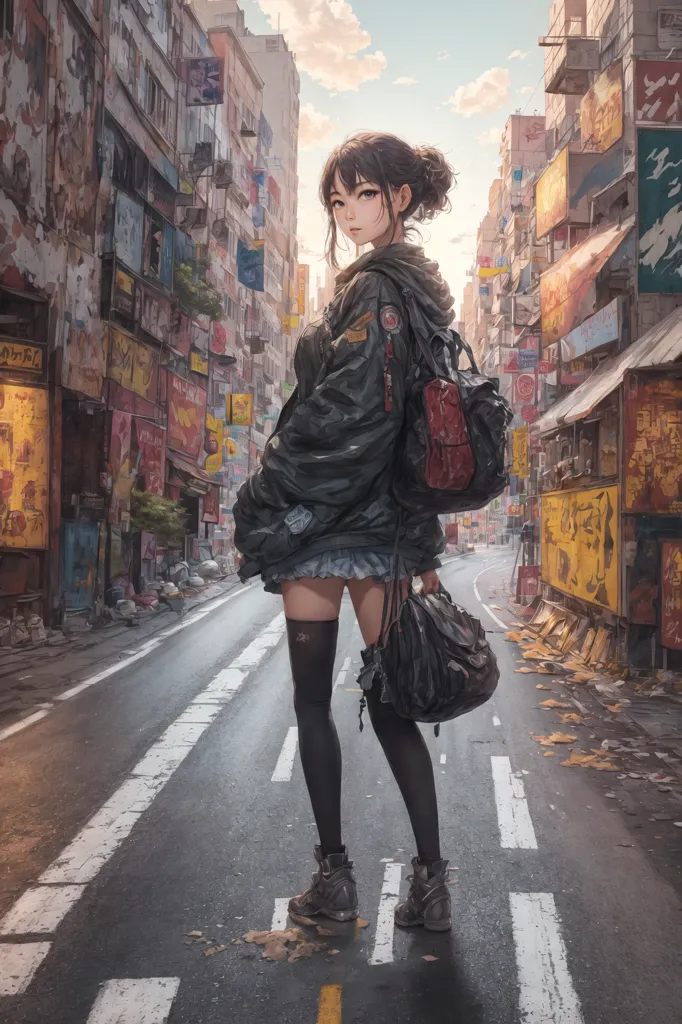 The image is a painting of a young woman standing in an alleyway. The woman is wearing a black jacket, a gray skirt, and black boots. She has a backpack on her back and is carrying a bag in her right hand. The alleyway is full of trash and debris, and the buildings are in disrepair. The woman's expression is one of determination and resolve.