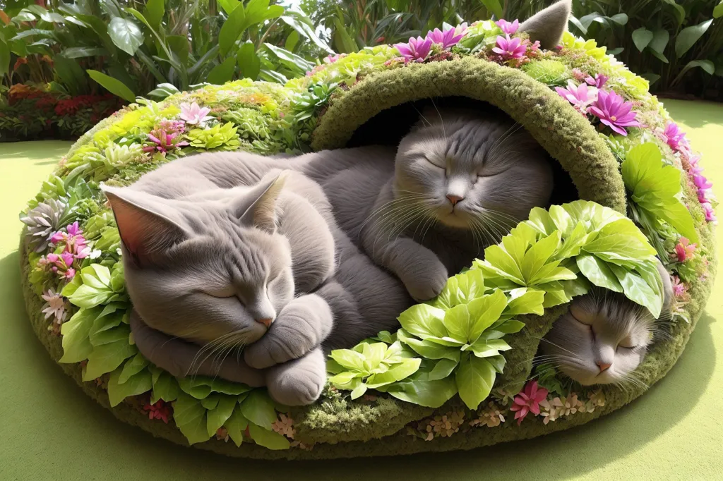 There are three gray cats sleeping in a green, mossy bed. The bed is decorated with pink and purple flowers and green leaves. The cats are all curled up and look very comfortable. The bed is sitting on a green lawn surrounded by tall grass and other plants.