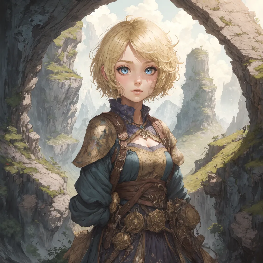 The image shows a young woman with short blonde hair and blue eyes. She is wearing a blue and gold outfit with a white cape. She is standing in a rocky archway, with a mountainous landscape in the background.