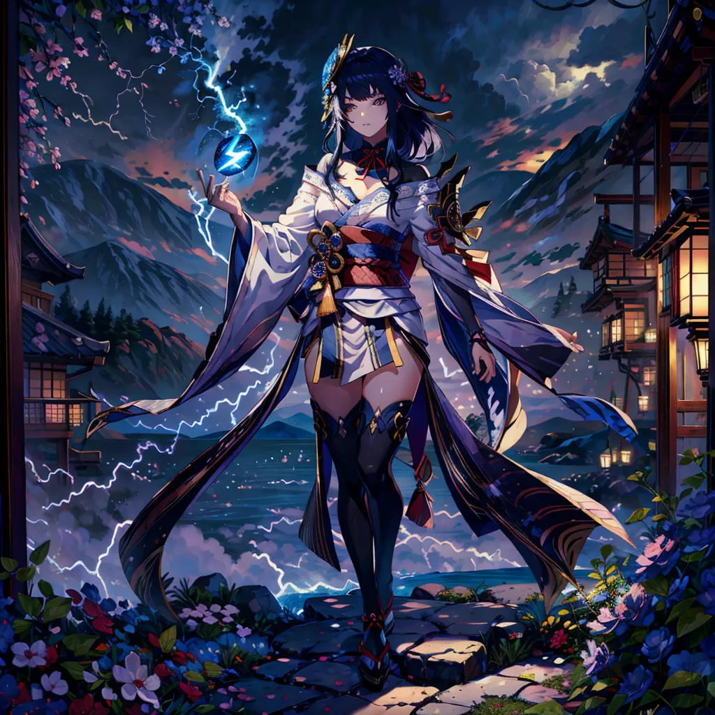 The image is of a young woman in a kimono standing in a scenic location. She has long black hair and purple eyes, and is wearing a white and purple kimono with a red obi. She is also wearing black stockings and sandals. The woman is standing on a stone path, and there are trees and flowers on either side of her. In the background, there is a mountain and a lake. The sky is dark, and there are lightning bolts flashing in the distance. The woman is holding a glowing blue orb in her right hand. She has a serious expression on her face, and it is unclear what she is thinking. The image is likely a depiction of a scene from an anime or video game.