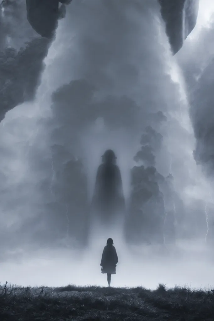 The image is in black and white. It shows a figure standing on a hilltop, looking out at a vast, stormy landscape. The figure is wearing a long coat and a hat, and their face is obscured by the darkness. The storm is raging all around them, with dark clouds swirling overhead and lightning flashing in the distance. The figure is standing in a defiant pose, as if they are challenging the storm. The image is full of drama and suspense, and it leaves the viewer wondering what will happen next.