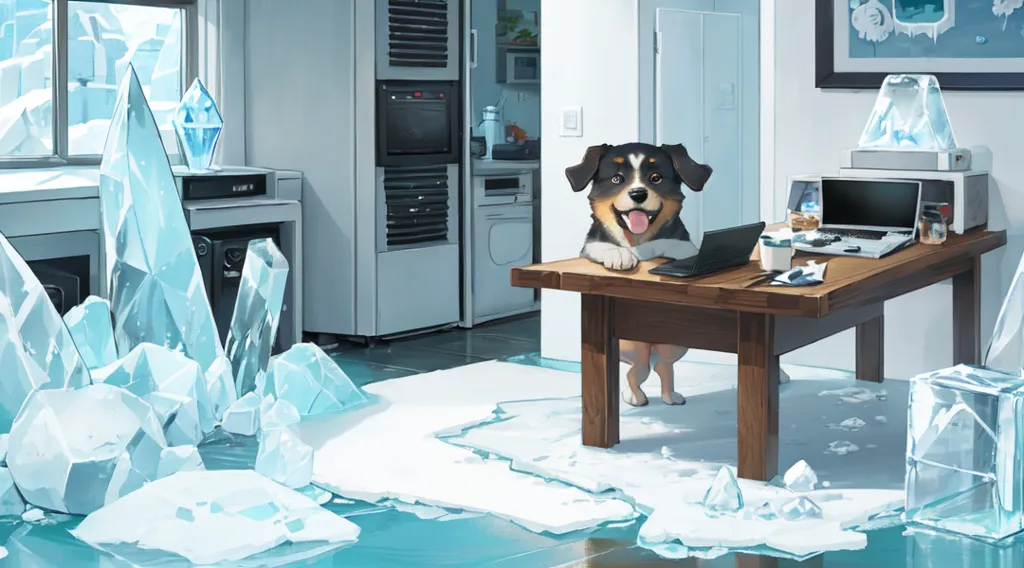 A imagem mostra um cão sentado em uma mesa na cozinha. O cão é marrom e branco, e está sorrindo. Há um laptop, uma xícara de café e papéis sobre a mesa. A cozinha é moderna, com armários brancos e eletrodomésticos de aço inoxidável. O chão está coberto de gelo e água. Também há pingentes de gelo pendurados no teto. A imagem é ao mesmo tempo fantástica e realista. É evidente que o artista dedicou muito pensamento aos detalhes.