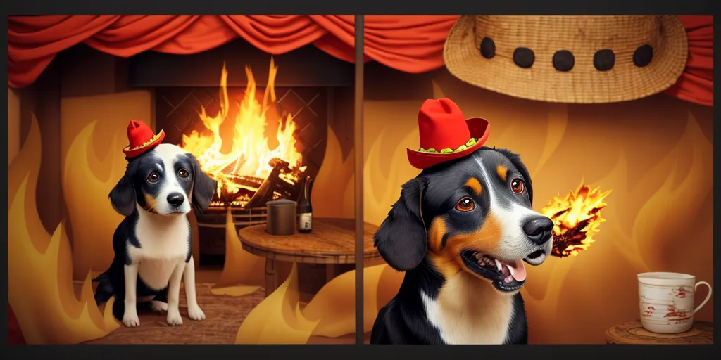 The image shows a cartoon dog wearing a red hat with a yellow hatband. The dog is sitting in front of a fireplace, and there is a table with a mug on it next to the dog. There is also a straw hat above the dog's head. The dog has a serious expression on its face in the first panel, but in the second panel, the dog is smiling with its mouth open and has a corn cob in its mouth.