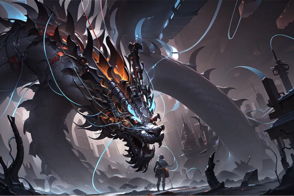 The image is a dark and detailed painting of a dragon. The dragon is black with blue-green glowing eyes and is standing in a ruined city. The dragon is very large and muscular, with long, sharp claws and a spiked tail. It is also covered in armor, with a large breastplate and shoulder pads. The dragon is standing over a human, who is kneeling on the ground in front of it. The human is wearing a sword and shield, but they look terrified. The background of the image is a ruined city, with broken buildings and rubble everywhere. The sky is dark and cloudy, and there is a sense of foreboding in the air.