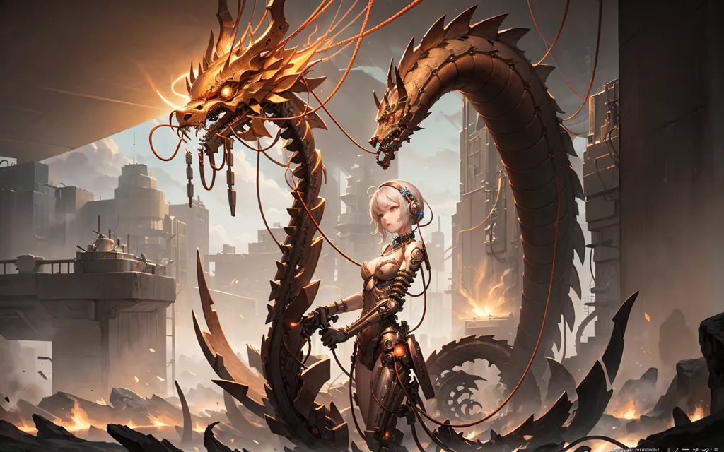 The image is a post-apocalyptic scene. A woman is standing in the middle of a ruined city. She is wearing a white dress and has long white hair. She is holding a sword in her right hand and a shield in her left hand. A large, mechanical dragon is standing behind her. The dragon has a long, serpentine body and a large, metal head. It is covered in sharp spikes and has a pair of wings. The woman and the dragon are surrounded by ruined buildings and debris. The sky is dark and there are flames in the background.