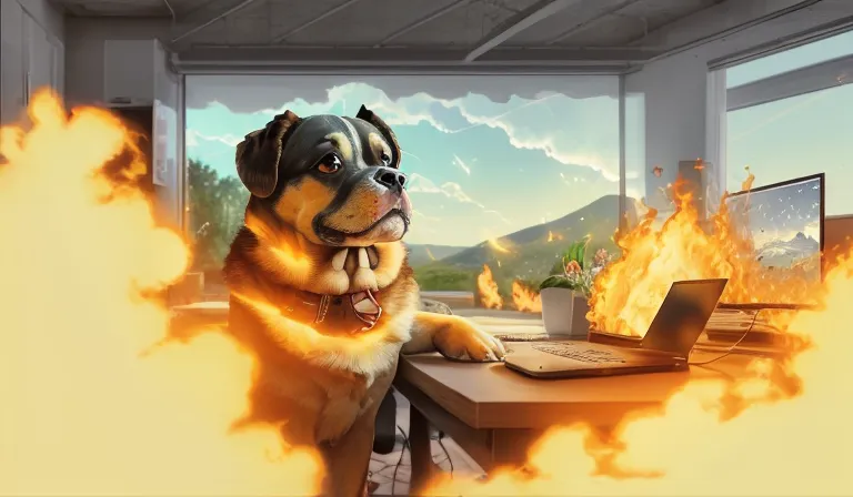 The image shows a dog sitting in an office chair in front of a laptop. The dog is wearing a collar and has a serious expression on its face. The office is on fire, and the flames are licking at the walls and furniture. The dog is surrounded by fire, but it does not seem to be bothered by it. The image is both humorous and thought-provoking. It is a reminder that even in the midst of chaos, there is always hope.