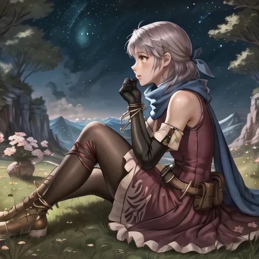 The image is of a young woman sitting on the grass in a field. She is wearing a pink dress with a white scarf and brown boots. Her hair is white and her eyes are blue. She is looking up at the night sky, where there are many stars. There is a mountain range in the background.