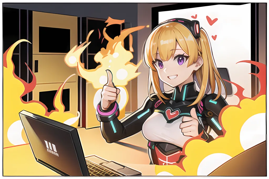 The image shows an anime girl sitting in front of a computer. She has her thumbs up and is smiling. There is a fire behind her, and hearts are floating around her head. She is wearing a black and red bodysuit with a white cape. The background is a dark room with two doors.