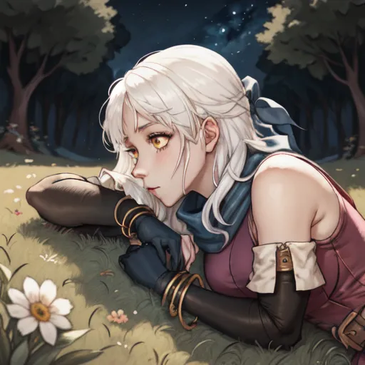 This is an image of a beautiful anime girl with white hair and yellow eyes. She is wearing a white and pink outfit and is lying in the grass, leaning on her arm. There are small white flowers in the grass around her. The background is a forest with a starry night sky. The girl is looking to the left of the frame, away from the viewer. She has a sad expression on her face.