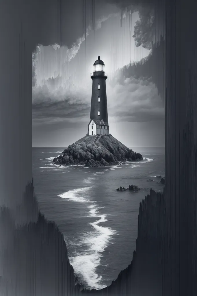 The image is a black and white painting of a lighthouse on a rocky coast. The lighthouse is tall and thin, with a light at the top. The waves are crashing against the rocks, and the sky is dark and cloudy. The painting is done in a realistic style, and the artist has used light and shadow to create a sense of depth and atmosphere. The painting is also quite dark, which adds to the sense of drama and suspense.