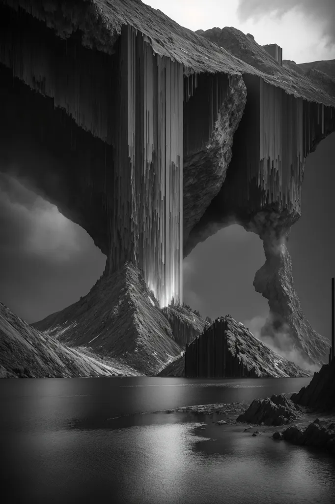 The image is in black and white. It shows a large rock formation in the center of a body of water. The rock formation has a large hole in it, and there is a waterfall coming out of the hole. The waterfall is made up of many small streams of water, and it looks like it is made of liquid metal. The rock formation is surrounded by mountains, and there are clouds in the sky. The image is very dark and moody, and it looks like it is from a science fiction movie.