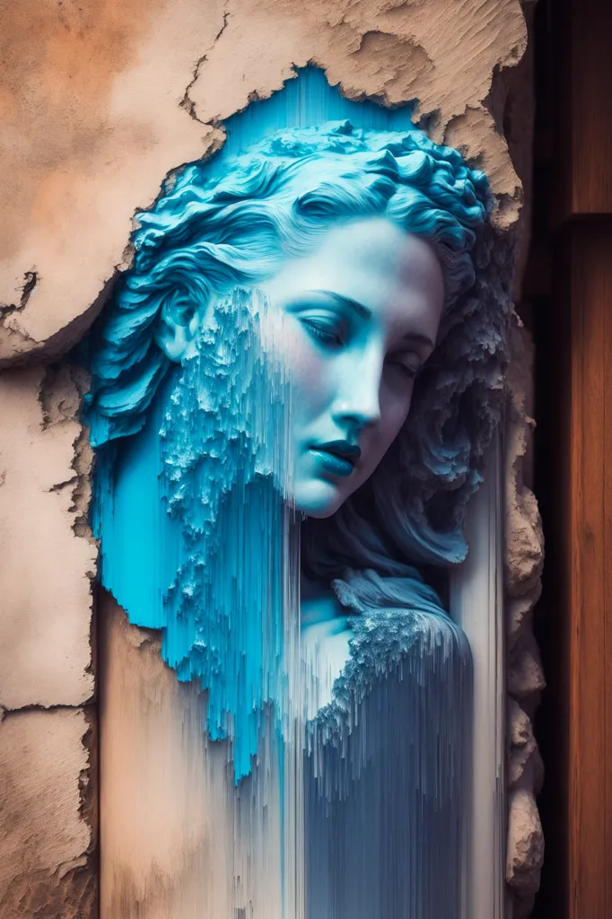 The image is a 3D rendering of a classical statue of a woman's head. The statue is made of blue marble and has a serene expression on its face. The statue is set against a background of cracked earth.  The statue is in the process of being eroded by the wind and rain. The image is both beautiful and thought-provoking, as it reminds us of the passage of time and the inevitability of decay.