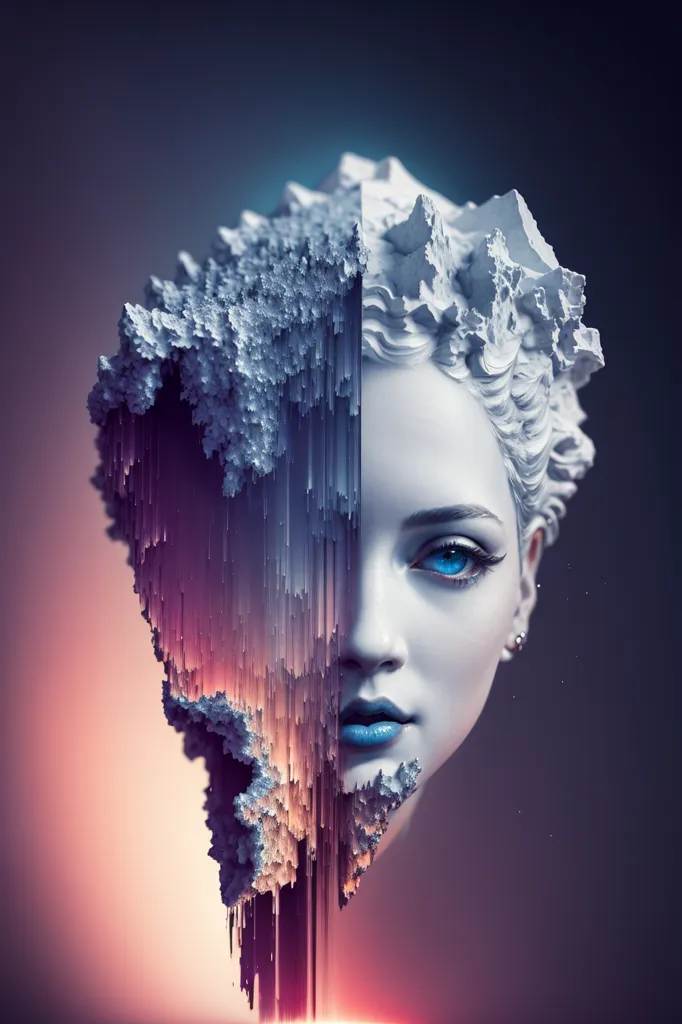 The image is a portrait of a woman's face. She has blue eyes and blue lipstick. Half of her face is covered in white crystals that are falling off. The background is dark blue.