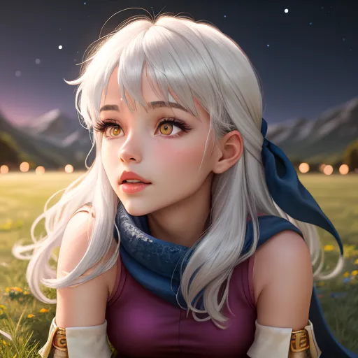 La imagen es de una hermosa mujer joven con el cabello blanco largo y ojos dorados. Lleva una camisa sin mangas morada con una bufanda azul. Está sentada en un campo de hierba, mirando hacia el cielo nocturno. El fondo es un cielo azul oscuro con muchas estrellas.