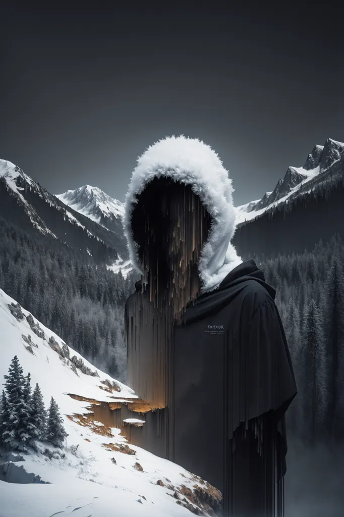 The image is in black and white. It shows a figure in a black cloak with a white fur hood standing in a snowy mountain landscape. The figure is facing away from the viewer, and its head is bowed. The figure appears to be in a state of deep contemplation or meditation. The mountain peaks in the background are partially obscured by clouds.