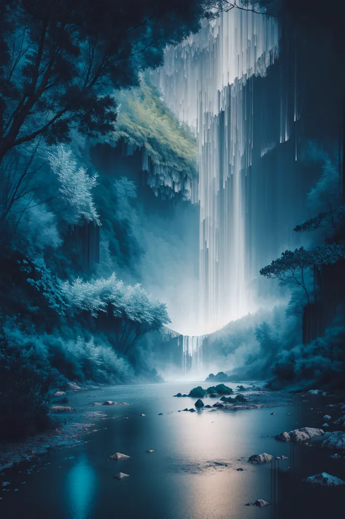 The image is a beautiful landscape of a waterfall in a forest. The waterfall is in the background, and it is surrounded by tall trees. The water is a light blue color, and it is falling from a high cliff. The trees are a dark green color, and they are reflected in the water. There is a river in the foreground, and it is flowing towards the waterfall. The river is a light blue color, and it is surrounded by rocks. There is a small waterfall in the foreground, and it is to the left of the main waterfall. The small waterfall is a light blue color, and it is falling from a small cliff. There is a tree in the foreground, and it is reflected in the water. The tree is a dark green color, and it is leaning towards the waterfall. The image is very peaceful and serene, and it is a perfect place to relax and enjoy the beauty of nature.