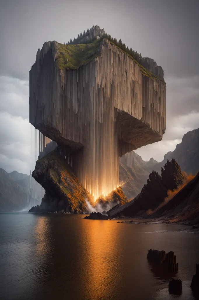 The image is a digital painting of a large, rectangular rock formation that appears to be floating in the air. The rock is covered in a thick layer of moss and grass, and there is a small waterfall coming down from one side. The rock is surrounded by a body of water, and there are mountains in the background. The sky is dark and cloudy, and there is a bright light coming from the bottom of the rock. It is unclear what the light is, but it appears to be some kind of energy source.