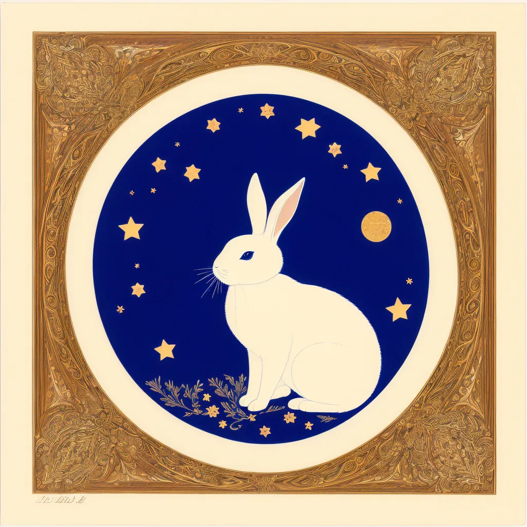 The image is a circle with a blue background and a gold frame. Inside the circle is a white rabbit sitting on a bed of grass. The rabbit is looking to the left of the frame. There are stars and a crescent moon in the background. The frame is decorated with gold filigree.