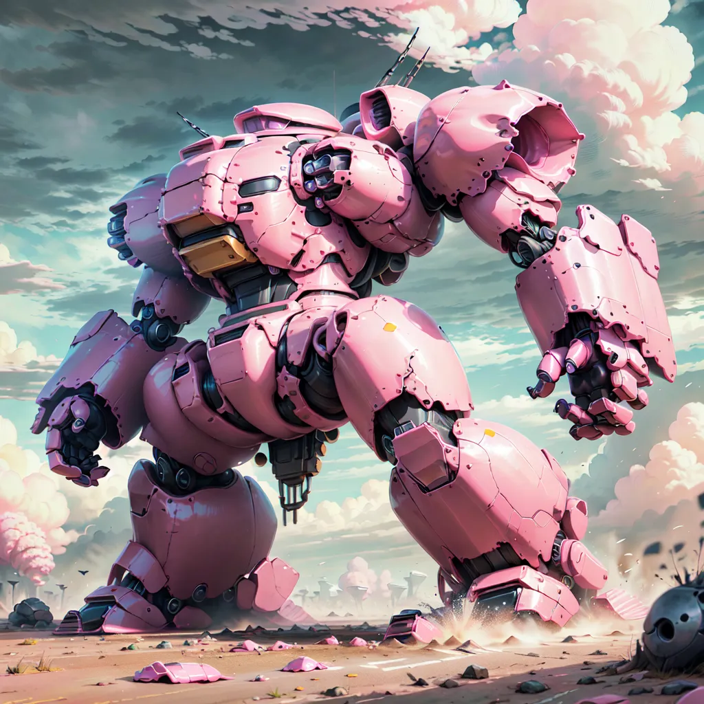 The image is a painting of a pink robot. The robot is standing in a field of scrap metal. There are clouds in the background and the robot is smoking. The robot is missing some of its armor and its left arm is severely damaged.