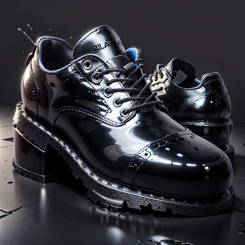 A pair of shiny black leather shoes with black chunky heels and blue and black laces. The shoes are sitting on a wet surface, and there are water droplets on the shoes. The background is black.