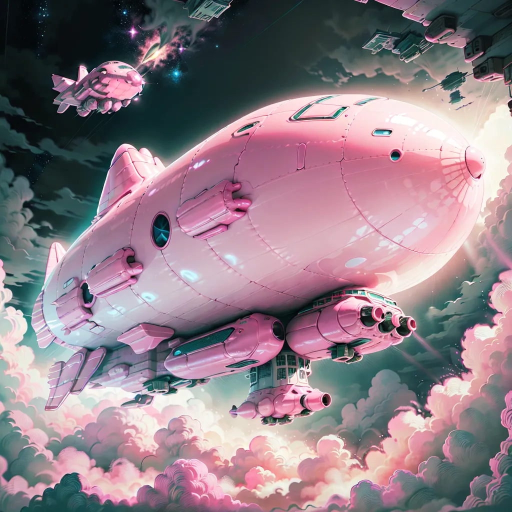 The image is of a pink steampunk airship. It has a long, cigar-shaped body with a rounded nose and a large propeller at the back. The ship is decorated with gold trim and has several small windows along its sides. There are also a few guns mounted on the sides of the ship. The airship is flying in a cloudy sky with a starry background. There are two smaller pink airships flying alongside the larger one.