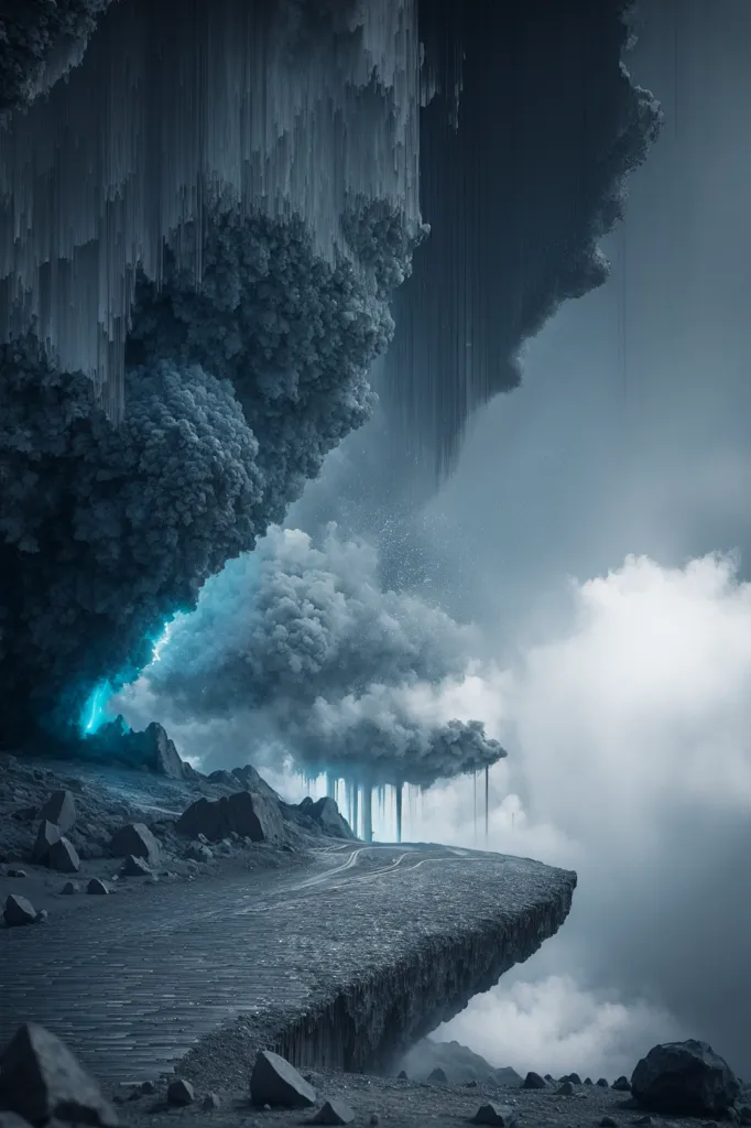 The image is a dark and stormy night. The sky is filled with dark clouds and lightning. The ground is covered in snow. There is a road in the foreground that leads off into the distance. The road is surrounded by large rocks and boulders. The image is very atmospheric and has a real sense of foreboding.