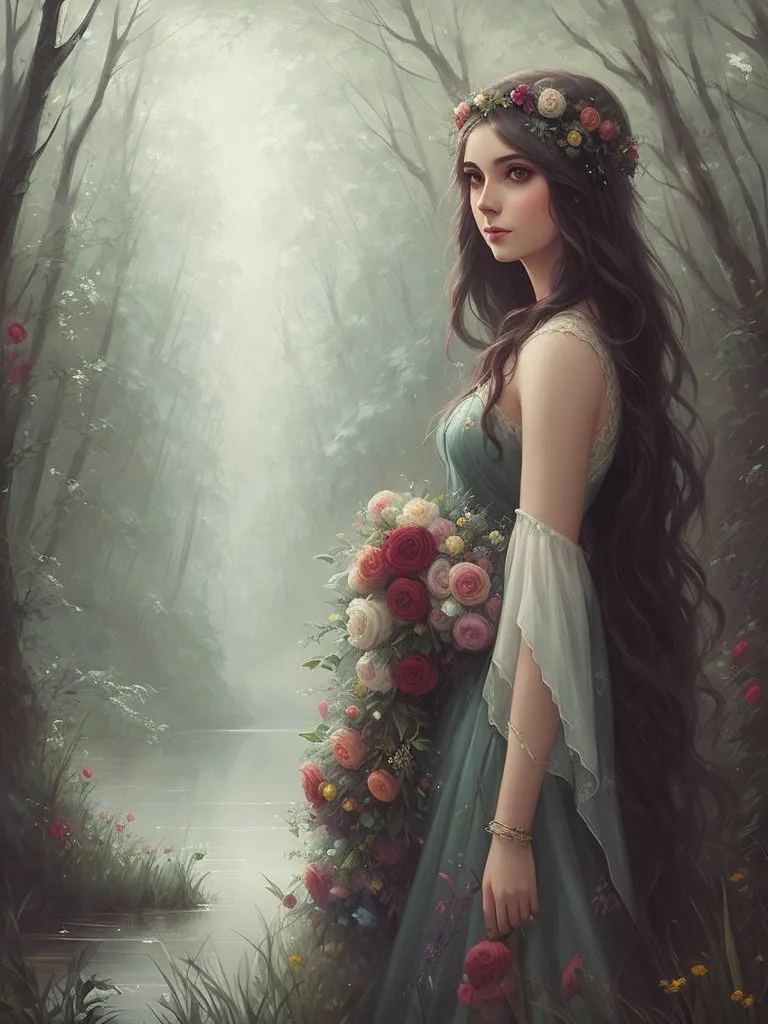 The image is a painting of a beautiful woman standing in a forest. She is wearing a long, flowing green dress with a white sash. Her hair is long and dark, and she is wearing a crown of flowers. She is carrying a bouquet of flowers in her right hand. The background is a blur of trees and mist.