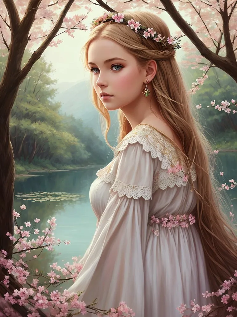 The image is a painting of a beautiful young woman with long blonde hair and blue eyes. She is wearing a white dress with a pink sash and a crown of pink flowers. She is standing in a forest near a lake, and there are pink flowers all around her. The background is a blur of green trees and blue water. The painting is done in a realistic style, and the woman's expression is one of peace and serenity.