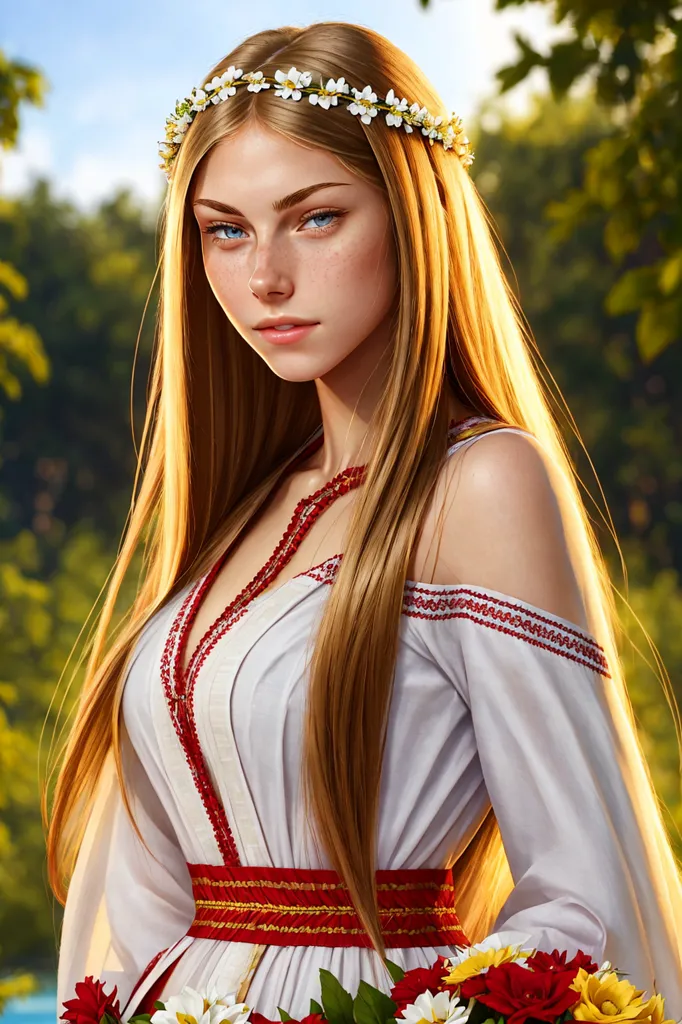 The image shows a beautiful young woman with long, flowing golden hair. She is wearing a white dress with red and gold trim, and a wreath of white flowers in her hair. The background is a blur of green leaves, suggesting that she is standing in a forest. The woman's eyes are blue and her skin is fair. She is looking at the viewer with a serene expression.