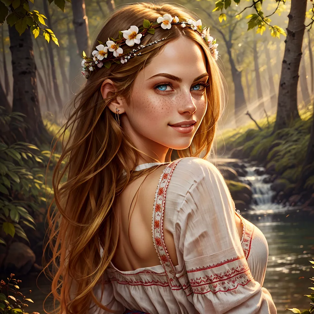 A imagem mostra uma bela mulher jovem com cabelos longos e ondulados e uma coroa de flores na cabeça. Ela está vestindo um vestido branco com bordados vermelhos e azuis. O fundo é uma floresta com árvores verdes e um rio. A mulher está sorrindo e olhando para o observador.