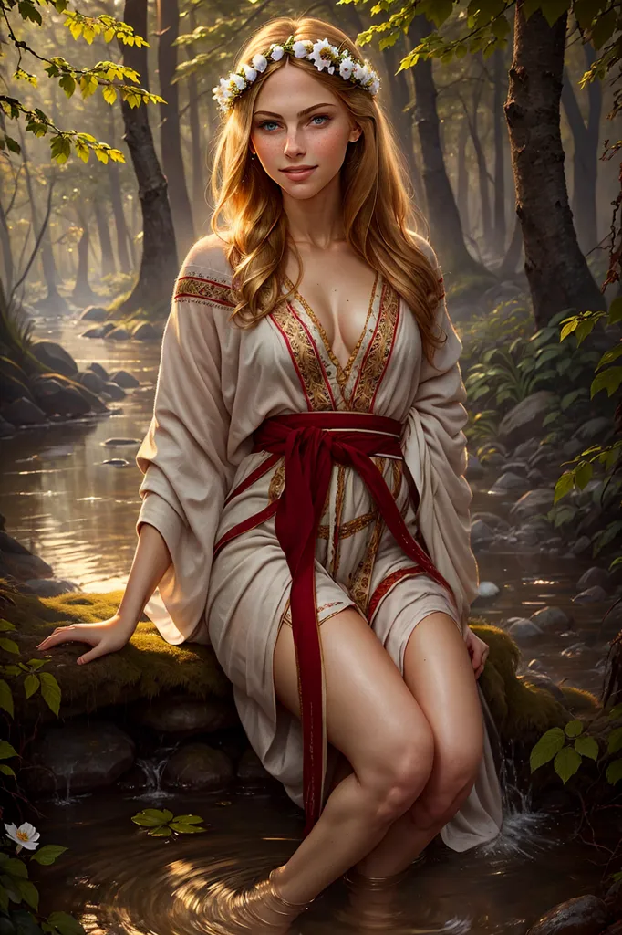 The image shows a beautiful woman with long blond hair and blue eyes. She is wearing a white dress with a red sash and a wreath of white flowers on her head. She is sitting on a rock in a forest, with a river flowing behind her. The woman has a serene expression on her face and looks like she is enjoying the peace and beauty of the forest.