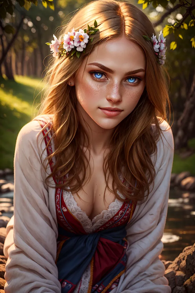 The image shows a beautiful young woman with long, wavy brown hair and blue eyes. She is wearing a white blouse with a red and blue floral design and a white shawl. There are flowers in her hair. She is sitting on a rock in a forest, and there is a stream in the background.