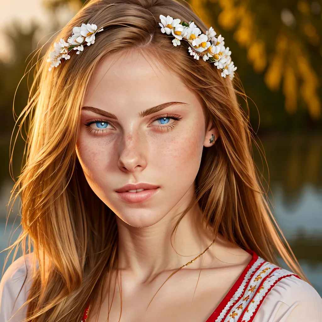 The image shows a young woman with long, wavy blonde hair and blue eyes. She is wearing a wreath of white flowers and a red and white dress with a gold necklace. The background is blurred and looks like a forest. The woman is looking at the camera with a serious expression.