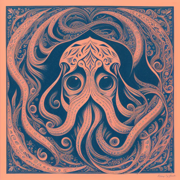 The image is a blue octopus with orange tentacles. The octopus is in the center of the image and is surrounded by orange and blue waves. The octopus has big eyes and is looking at the viewer. The image has a lot of detail and looks like it was drawn with a pen.