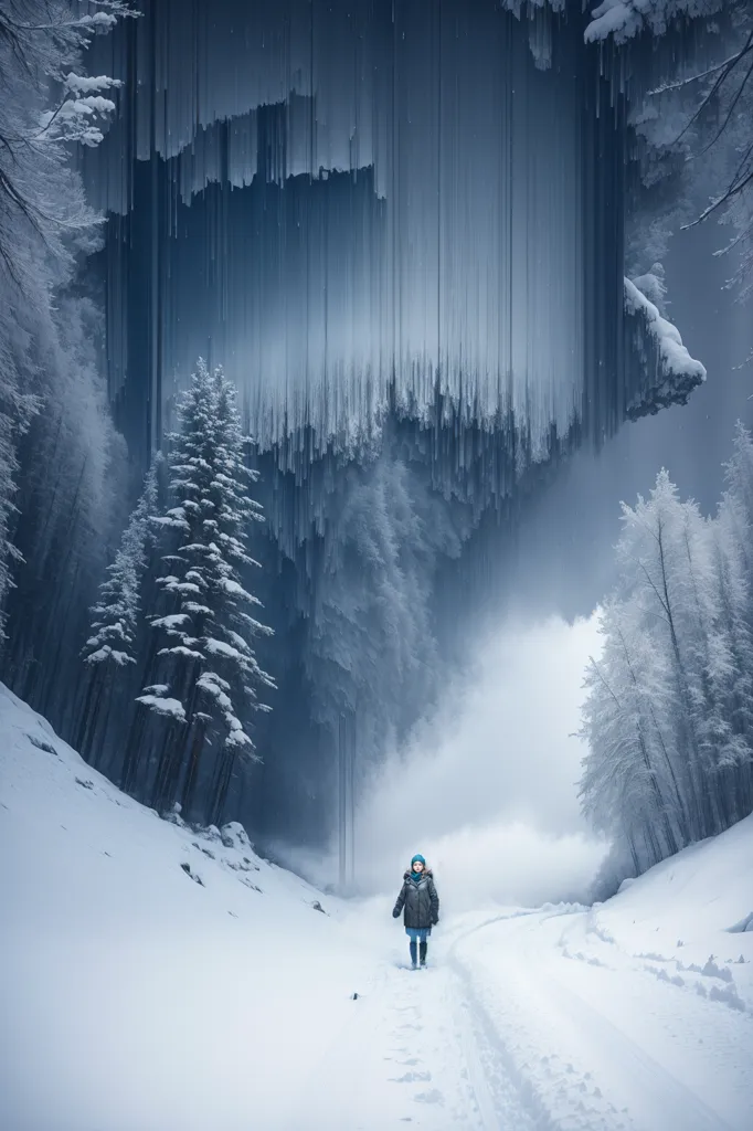 The image shows a person walking down a snowy path in a forest. The path is surrounded by tall fir trees, and the snow is thick on the ground. The person is wearing a warm winter coat and a hat, and they are carrying a backpack. The sky is a dark blue, and the sun is not visible. The image is both beautiful and serene, and it captures the peace and tranquility of a winter forest.