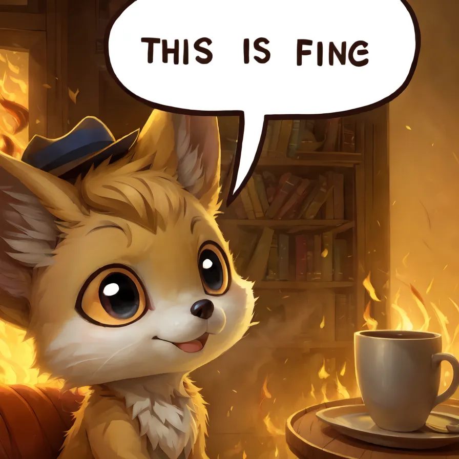 The image shows a cartoon fox sitting in a burning room. The fox is wearing a hat and has a cup of coffee in front of it. The fox is smiling and has a speech bubble that says \