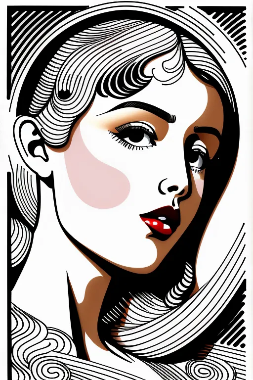 The image is a portrait of a woman. She has short black hair, red lips, and a light pink blush on her cheeks. She is looking to the right of the frame. The background is white with black and red outlines. The image is in a pop art style.