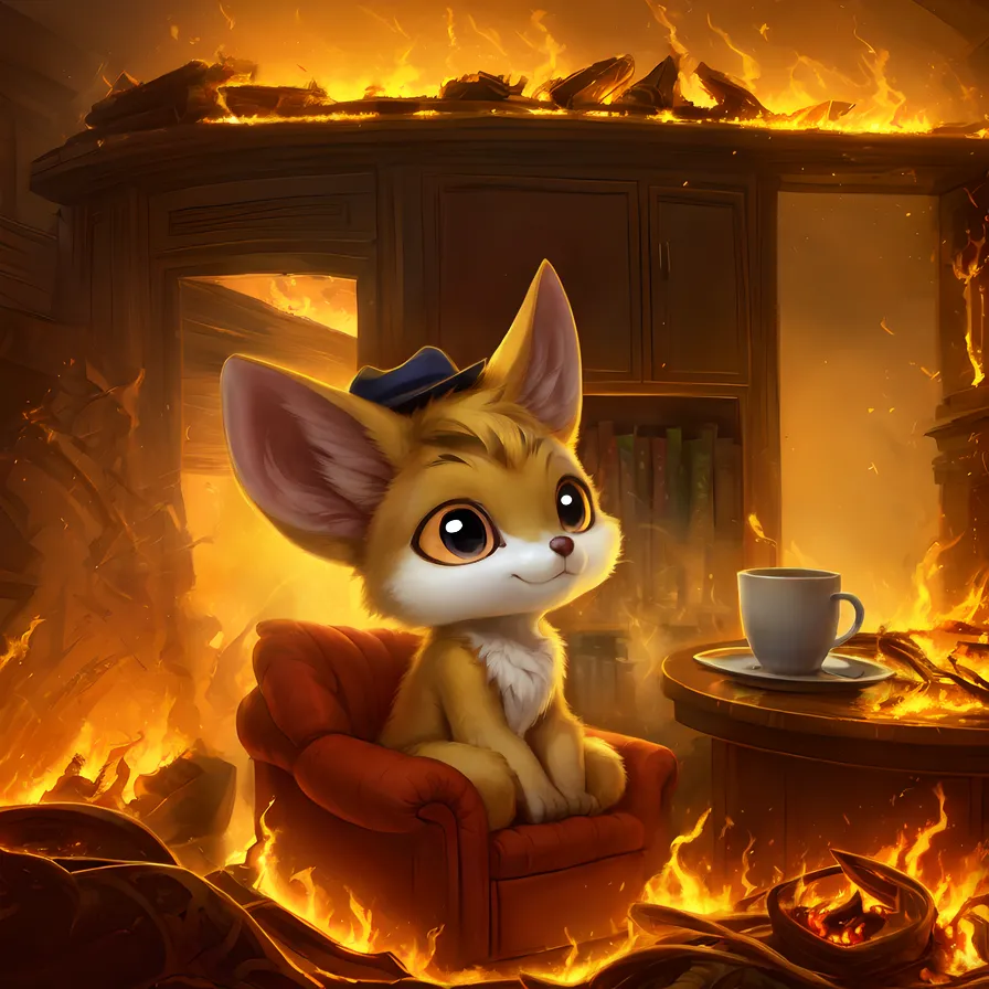 Un renard fennec de dessin animé est assis dans un fauteuil rouge dans une pièce en feu. Le renard porte un chapeau bleu et a une tasse de thé sur la table à côté de lui. La pièce est remplie de feu et de débris. Le renard est calme et posé, et ne semble pas inquiet de l'incendie.