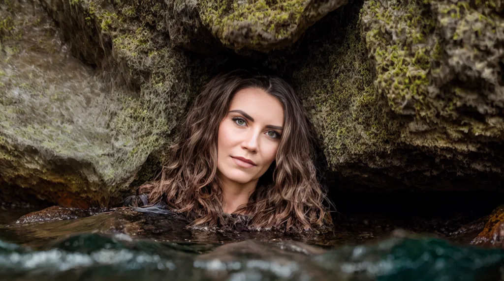 A woman with long, curly, brown hair is partially submerged in a dark body of water. Only her head and shoulders are above the surface. The water is murky. The woman's face is expressionless. She is looking at the camera. The background is a dark, mossy rock wall.