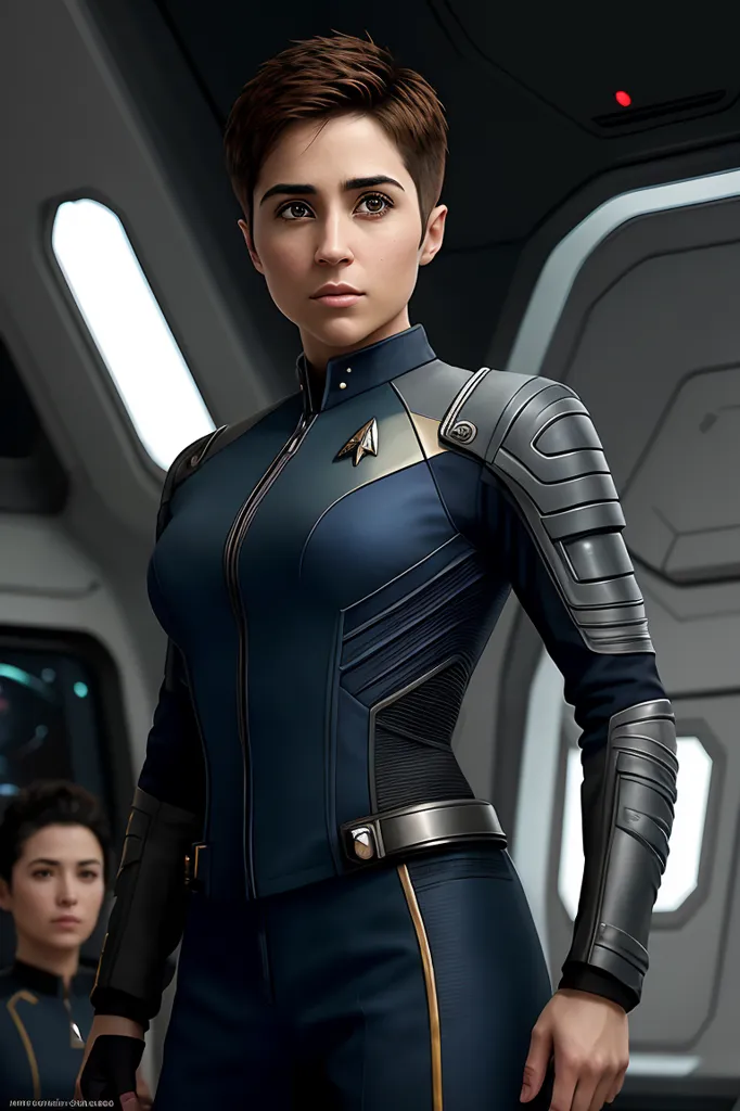 The image shows a young woman standing in a futuristic corridor. She is wearing a blue uniform with a black collar and silver and gold accents. The uniform has a zipper up the front and a badge on the left shoulder. She has short brown hair and brown eyes. She is looking at the camera with a serious expression. There is another person in the background, a woman with long black hair, wearing the same uniform.