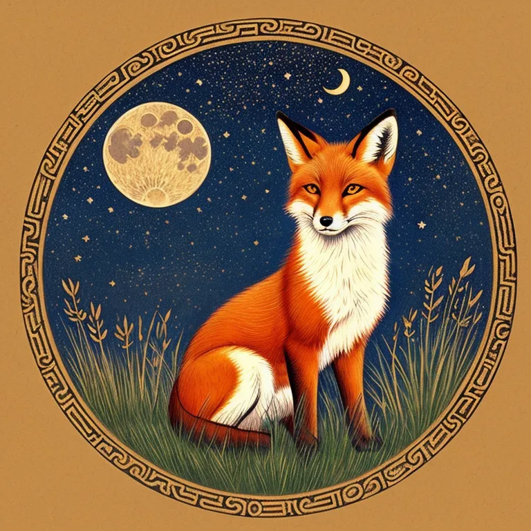 L'image est un cercle avec un renard assis au centre. Le renard regarde le spectateur avec la tête penchée sur le côté. Il a une lune croissante au-dessus de la tête et il y a des étoiles en arrière-plan. Le renard est entouré de hautes herbes. Le bord extérieur du cercle est décoré d'un motif de nœud celtique orange.