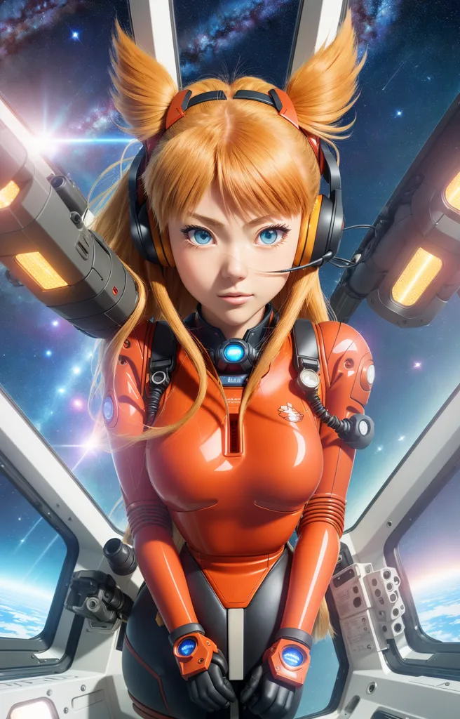 This is an image of a young girl with orange hair and blue eyes. She is wearing a skin-tight orange suit with a high collar and black headphones. The suit has several small lights on it, and there is a small screen on her left arm. She is sitting in a futuristic cockpit, and there are two large guns mounted on the shoulders of the cockpit. The background is a starry sky with a planet in the distance.