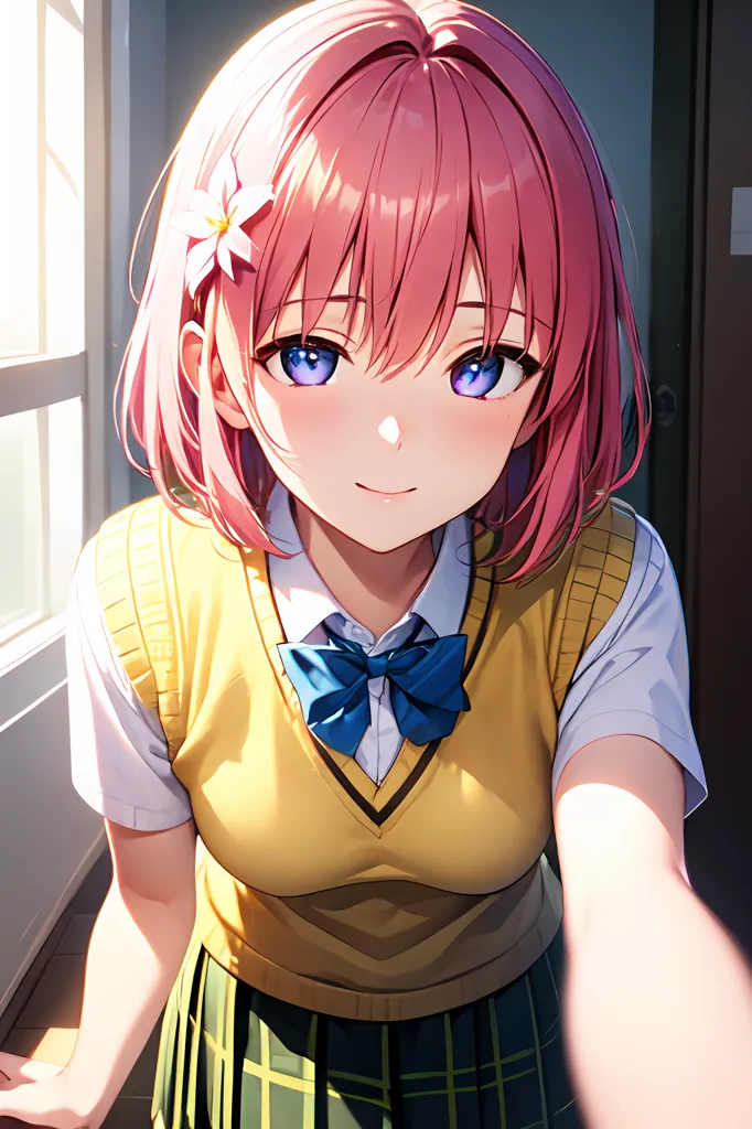 The image shows a young girl with pink hair and purple eyes. She is wearing a white shirt, a yellow vest, and a green skirt. She has a flower in her hair and a blue bow around her neck. She is standing in a room with a window behind her. The girl is smiling and looking at the viewer.