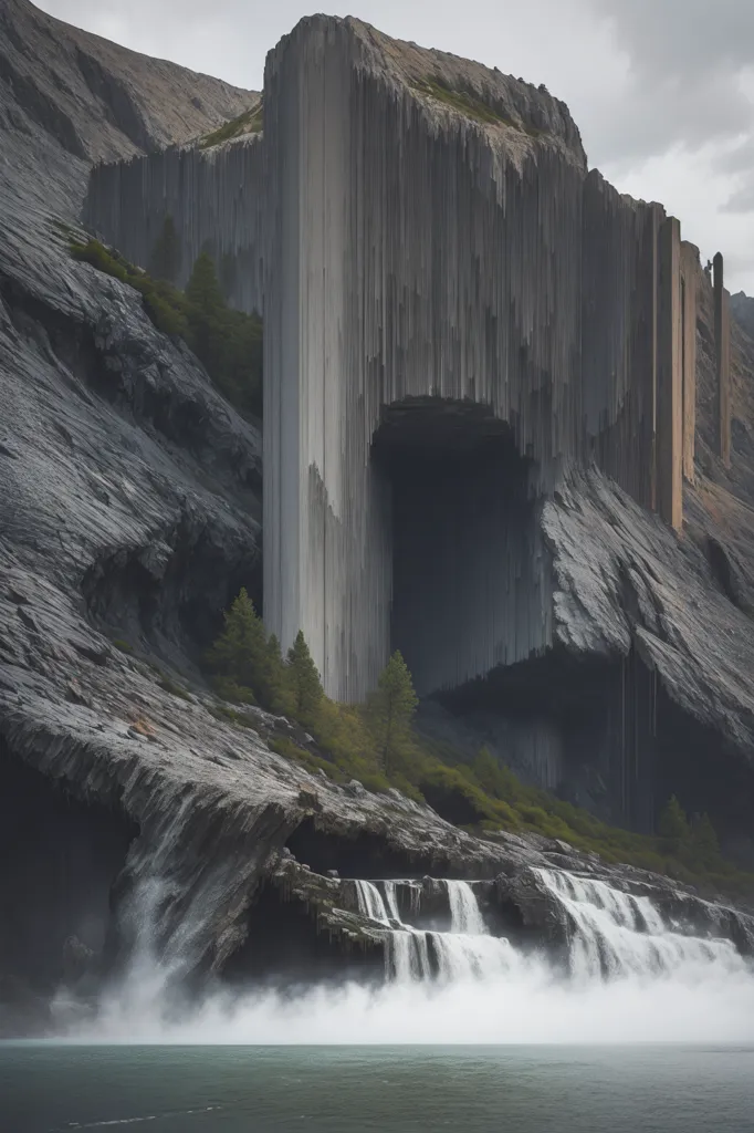 L'image est une peinture numérique d'une cascade dans un paysage montagneux. La cascade est entourée de hautes falaises, et l'eau se précipite dans un bassin en contrebas. Les falaises sont composées de roche grise et sont recouvertes de neige et de glace. La cascade est blanche et est entourée d'un brouillard. Le ciel est sombre et nuageux, et le soleil n'est pas visible. L'image est très réaliste et semble être une photographie d'un endroit réel.