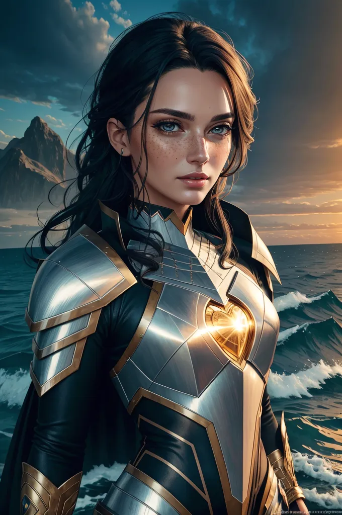 This is an image of a woman standing on a beach, looking out at the ocean. She is wearing a silver and black breastplate with a golden heart-shaped gem in the center. She has a sword at her side and a determined look on her face. The background is a stormy sea with dark clouds overhead.