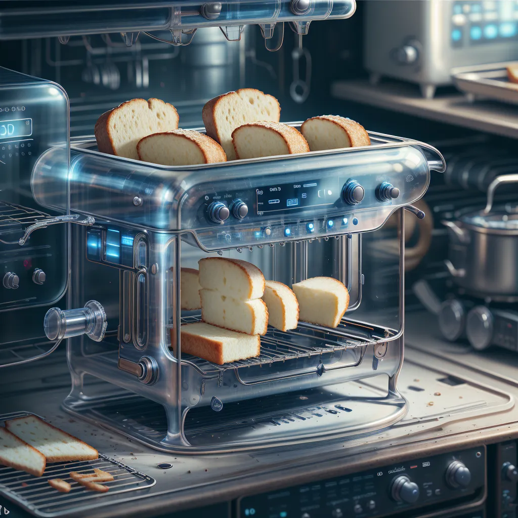 The image shows a transparent toaster with four slices of bread in it. The toaster is made of metal and has a blue light on the front. The bread is white and has a golden brown crust. The toaster is sitting on a black counter. There is a silver kettle and a black coffee maker on the counter behind the toaster.