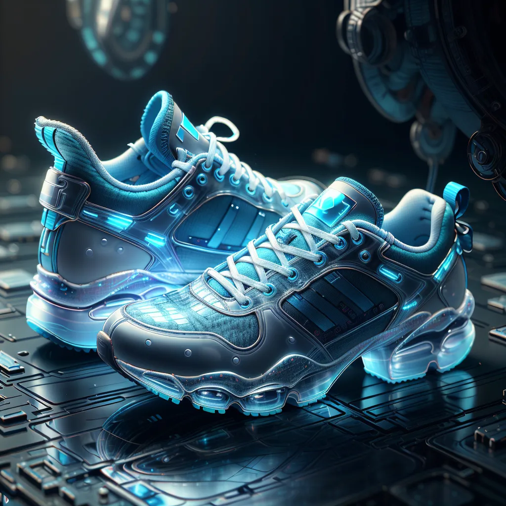 L'image représente une paire de sneakers futuristes. Les sneakers sont bleues et blanches et comportent de nombreux détails. Les semelles des sneakers sont transparentes et s'illuminent. Les sneakers sont posées sur une surface noire avec une lumière bleue qui se reflète sur elles.