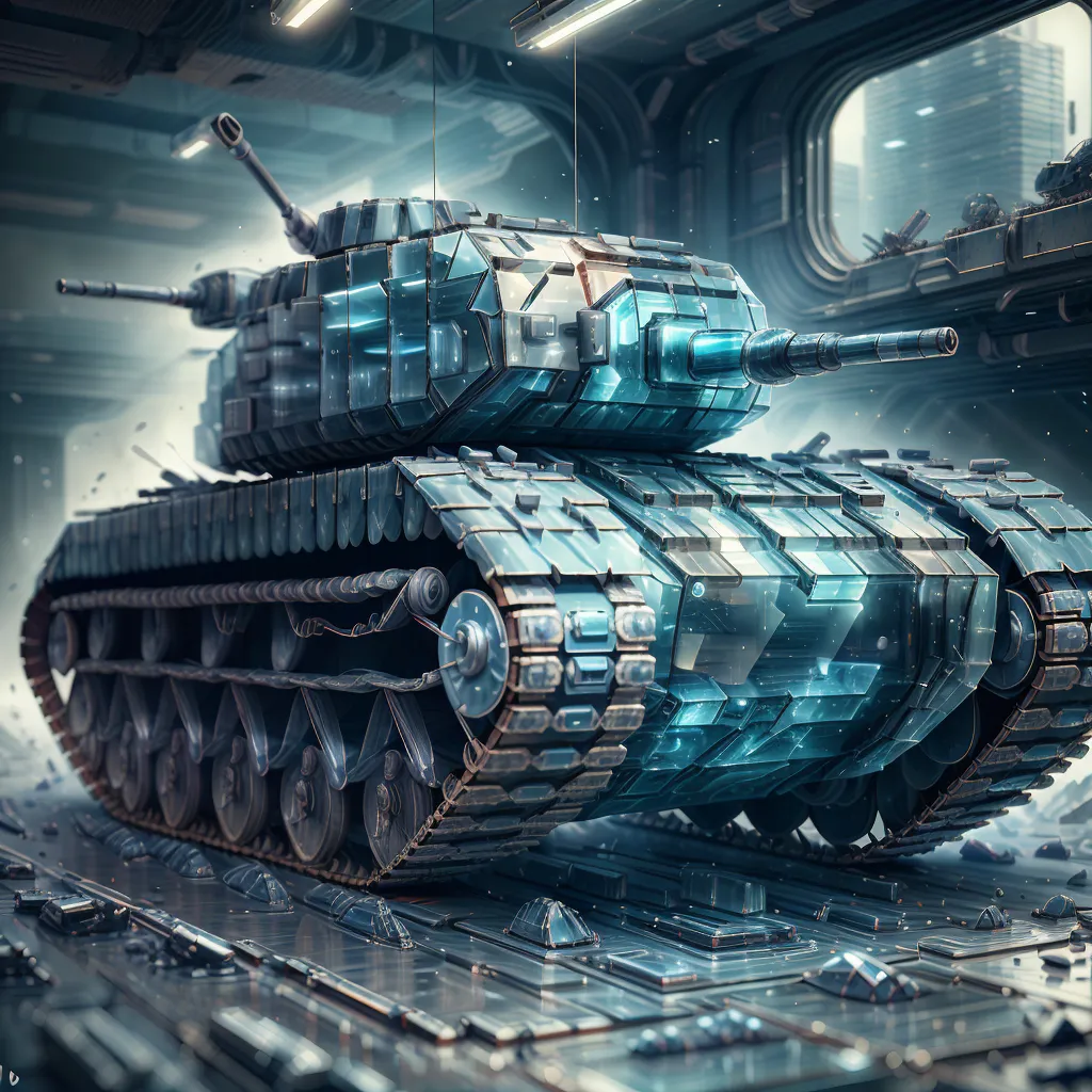 The image depicts a futuristic tank. It is made of a blue crystal-like material and has a sleek, aerodynamic design. The tank is armed with a variety of weapons, including a main cannon, machine guns, and missiles. It is also equipped with a set of tracks that allow it to move over rough terrain. The tank is likely used by the military to protect its people and territory.