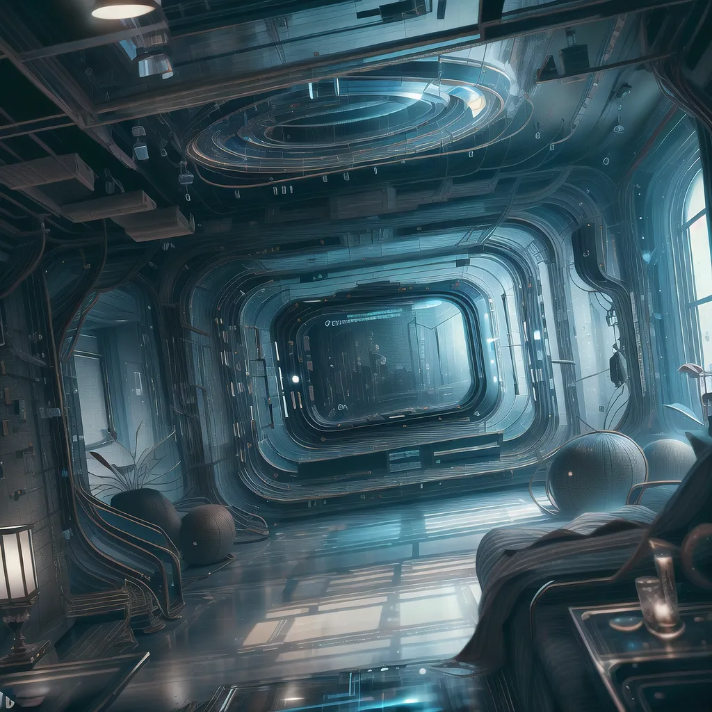 A imagem está ambientada em uma nave espacial futurista. As paredes são feitas de vidro e metal, e o piso é feito de um material reflexivo. Há uma grande janela no final da sala, que dá para o espaço. Há uma cama do lado direito da sala e uma mesa do lado esquerdo. Há também uma planta no canto da sala. A sala é iluminada por algumas pequenas lâmpadas.